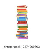 Stack of books isolated high pile of textbooks in color covers. Vector college, university or school stacked books, source of information, symbol of wisdom