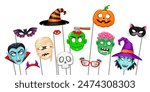 Halloween masks with props for photo booth. Isolated vector set cartoon witch hat and face, vampire, mummy and pumpkin. Bat, devil horns, skull and monster lips. Zombie with axe in brain, and cat head