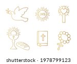 golden christianity icon set; dove, holy communion, cross, chalice and bread, bible and rosary - vector illustration