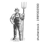 farmer with pitchfork sketch.... | Shutterstock .eps vector #1989303500