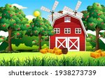 Farm Scene With Red Barn And...