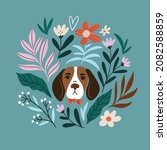 Beagle In Floral Wreath Vector...