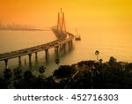 The Bandra-Worli Sea Link, also called Rajiv Gandhi Sea Link at dusk. It is a cable-stayed vehicular bridge that links Bandra in the northern suburb of Mumbai with Worli in South Mumbai. 
