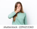 Young caucasian woman isolated on white background covering mouth with hand