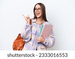 Small photo of Young beautiful student woman isolated on white background intending to realizes the solution while lifting a finger up
