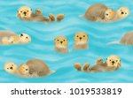 Hand Drawn Otters With Cubs In...