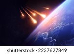 Small photo of Comet, asteroid, meteorite flying to the planet Earth. Glowing asteroid and tail of a falling comet threatening the safety of the Earth. Elements of this image furnished by NASA.