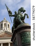 Small photo of Statue of the hero Godfrey of Bouillon on the Brussels Royal Square. He was a medieval knight that led the first Crusade against the Islam and became king of Jerusalem.