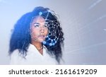 Small photo of Black businesswoman portrait and digital biometric scanning. Face detection and recognition. Concept of face id and machine learning.