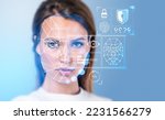 Small photo of Beautiful woman and eye with digital biometric scanning and data analysis. Face detection and scanner. Concept of face id and artificial intelligence