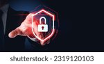 Small photo of Businessman finger touch red glowing protective shield with padlock, dark background. Concept of cyber security, data protection and confidential information