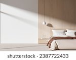 Interior of modern bedroom with white and wooden walls, carpeted floor, comfortable king size bed with brown plaid, bedside table and copy space wall on the left. 3d rendering