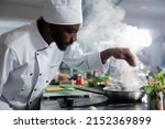 Small photo of African american head cook garnishing gourmet dish with parmesan cheese while in restaurant kitchen. Culinary expert preparing dinner meal service while using fresh vegetables and herbs.