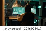 Small photo of Hackers using network vulnerability to exploit security server, trying to break computer system at night. People working with multiple monitors to hack software, illegal hacktivism.
