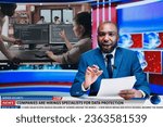 Small photo of Journalist talks of data protection growth among big companies, news reportage about IT programming industry jobs. African american man presenter covering technology newscast, tv host.