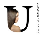 Small photo of Letter U, concept alphabet design with beauty portrait of young attractive woman's face. Conceptual fashion fount