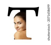 Small photo of Letter T, concept alphabet design with beauty portrait of young attractive woman's face. Conceptual fashion fount
