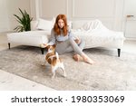 Small photo of Active small funny dog waiting for ball fetch. Red hair young girl in grey home comfortable clothes. Sunny spacious living room with white sofa and carpet girl sits on floor. weekend mood