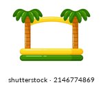 Kiddie inflatable pool, trampoline with awning and toy palm trees, children