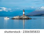 Small photo of King cormorants colony at famous les eclaireurs lighthouse, ushuaia, argentina tierra del fuego, argentina