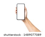 Man hand holding black smartphone isolated on white background, clipping path