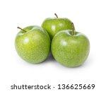 three fresh green granny smith apples, isolated