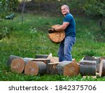 Small photo of Strong lumberjack manhandling the logs