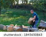 Small photo of Strong lumberjack manhandling the logs