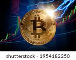 To the moon and Bitcoin stock growth concept: Strong increase of Bitcoin prices shown at candlestick bull market chart. Lightning hitting the bitcoin. Investment in cryptocurrency world. 