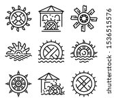 Water Mill Icons Set. Outline...