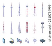 TV tower icons set isometric vector. Tower travel. City sky