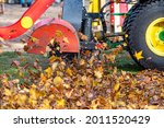 a tractor with a blower cleans a city park lawn and blows away autumn leaves, close-up view