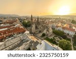 Small photo of Top view on Kosice main street with St. Elisabeth Cathedral (Dom svatej Alzbety) and St Michael's Chapel during sunrise above an old town, a historic part of Kosice, Slovakia; sunset; Kosice panorama