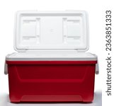 Small photo of Portable red plastic cooler box open isolated on white studio background