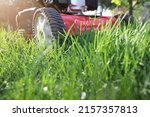 Small photo of Idle lawnmower letting grass grow, concept of preservation and creating habitat for pollinators such as insects and bees, focus on wheel