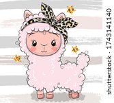 Cute Cartoon Pink Alpaca With A ...