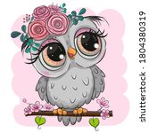 cute cartoon owl with flowers... | Shutterstock .eps vector #1804380319
