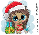 Cute Cartoon Hedgehog In Santa...