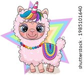 Cute Cartoon Pink Alpaca With...
