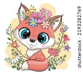 Cute Cartoon Fox With Flowers...