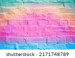Small photo of Fun pink blue color paint brick wall background or happy birthday party invitation, little girl rainbow mermaid watercolor, summer art sidewalk chalk texture or girly unicorn pony kid children pattern