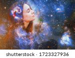 Double exposure portrait of a young woman close eye face with galaxy space inside head. Human inner peace, star light fire, life zen girl love, rpa ai concept. Elements of this image furnished by NASA