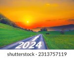 Small photo of Open empty road path end and new year 2024. Upcoming 2024 goals and leaving behind 2023 year. passing time future, life plan change, work start run line, sunset hope growth begin, go forward concept.