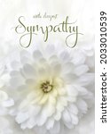 Small photo of White floral sympathy greeting card. White chrysanthemum with condolence message. Vertical orientation. Elegant sympathy background.