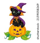 black cat sitting on pumpkin... | Shutterstock .eps vector #2159058269