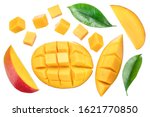 Set of mango cubes and mango slices isolated on a white background.