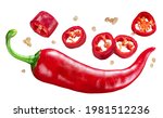 Fresh red chilli pepper and cross sections of chilli pepper with seeds floating in the air.  White background. File contains clipping paths.