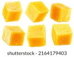 Set of juicy mango cubes on white background. File contains clipping paths.