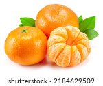 Ripe tangerine fruits with leaf and mandarin slices on white background.