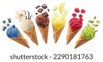 Small photo of Set of different types of ice cream balls in waffle cones with ice cream ingredients - fruits, berries and sweets. Isolated on a white background. Clipping Path.